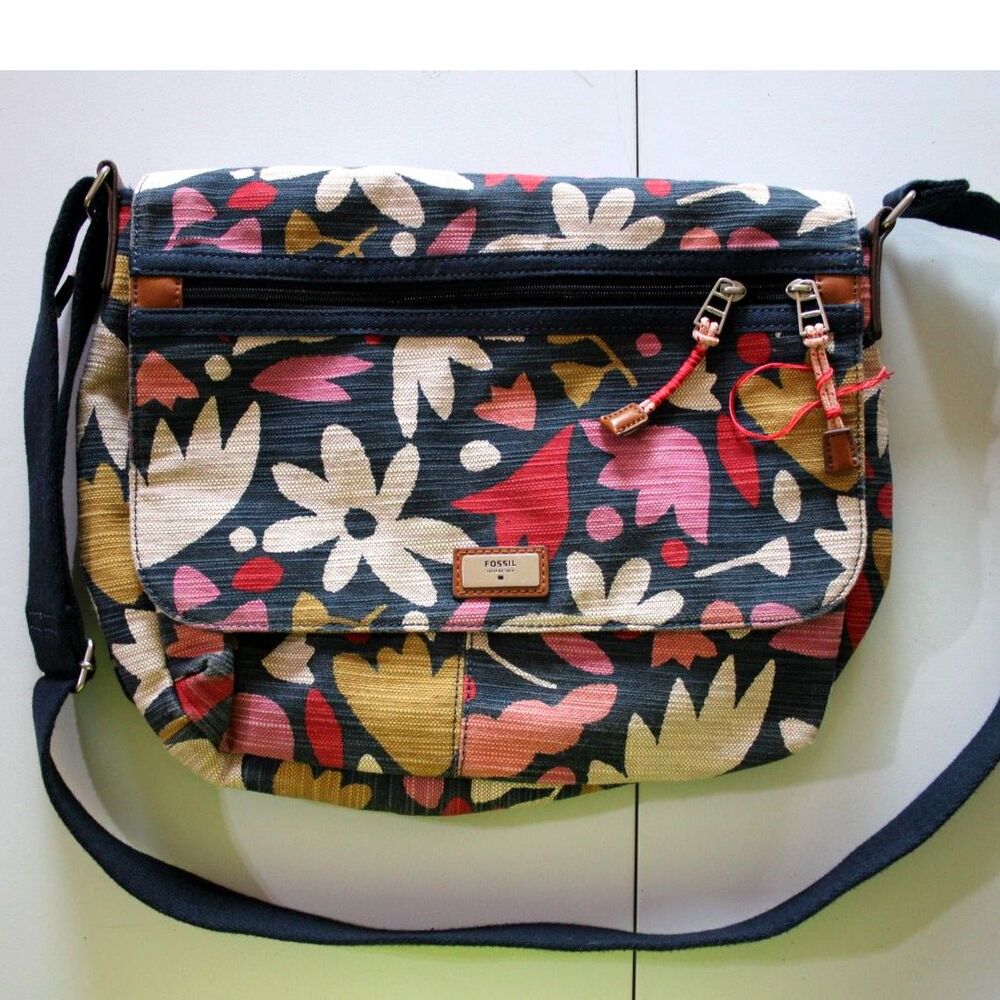 Fossil Preston Large Flap Crossbody Navy Floral Canvas Messenger Bag Leather